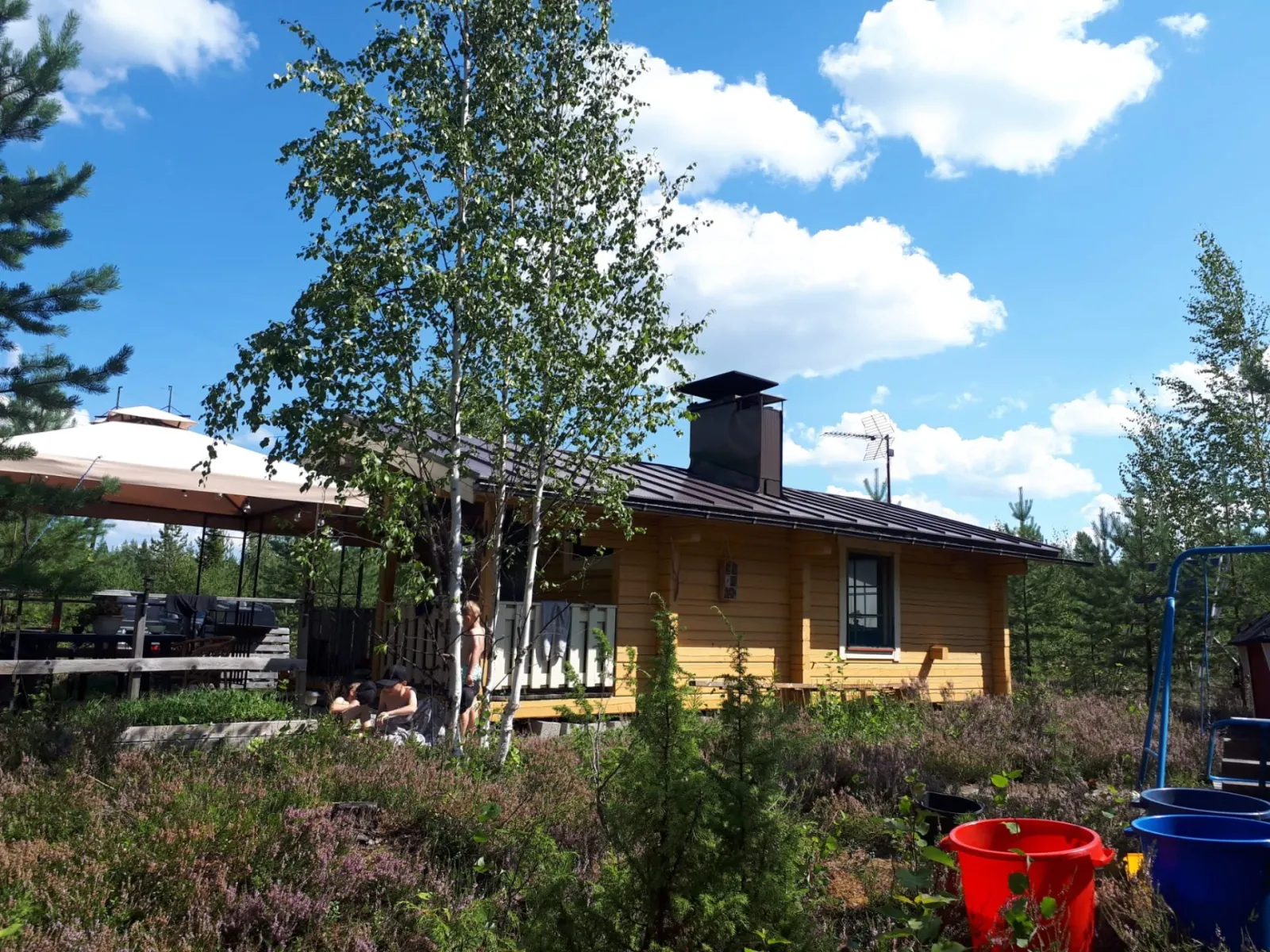 Erämökki kesäisessä pihapiirissä