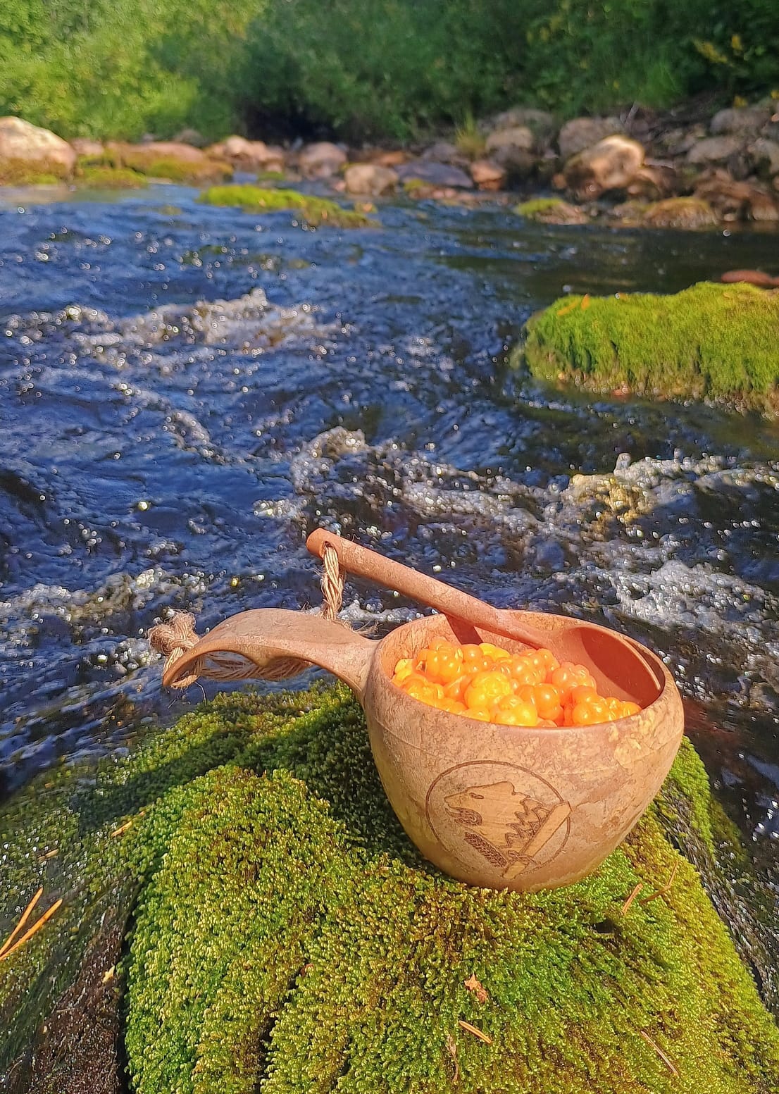 Kuksa täynnä hilloja kosken rannalla